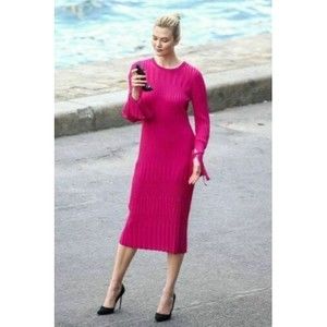 CAROLINA HERRERA Pink Fuchsia Ribbed Stretch Knit Long Flare Sleeve Dress S 4/6